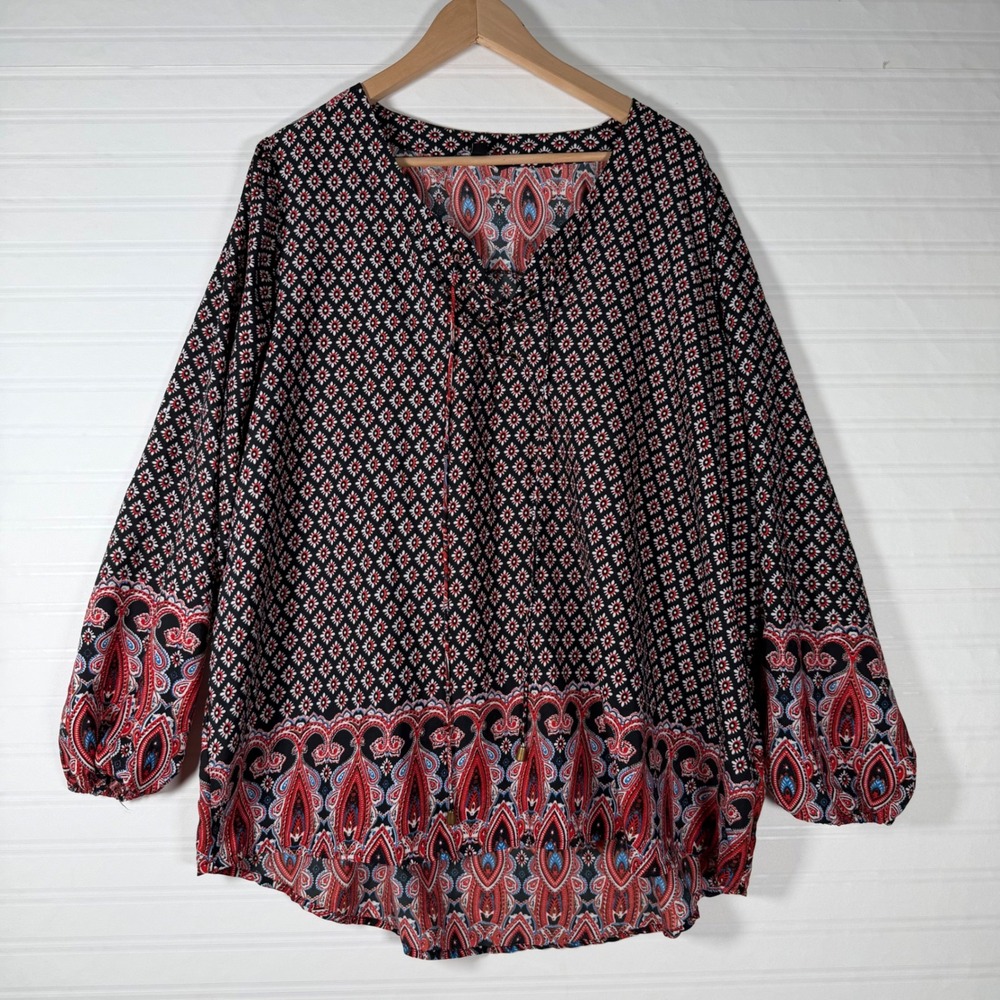 Time To Bloom Boho Paisley 3X Lace Up V-Neck Balloon Sleeve Blouse Black hippie - Picture 2 of 11